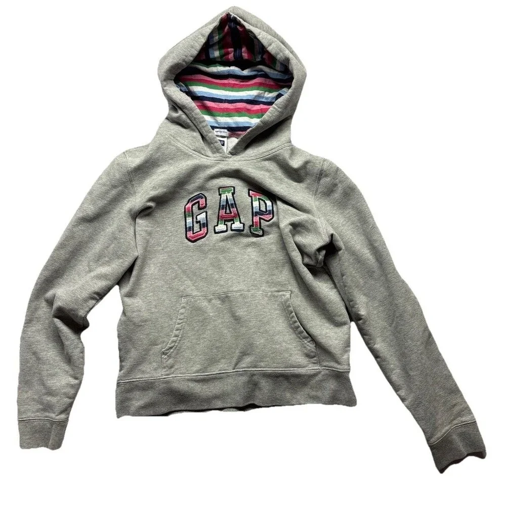 Vintage Gap Hoodie Youth Medium Gray Long Sleeve Girls Embroidered Logo Y2K